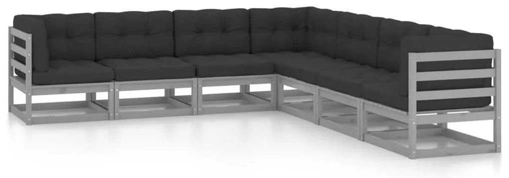7pcs conjunto lounge de jardim c/ almofadões pinho maciço cinza