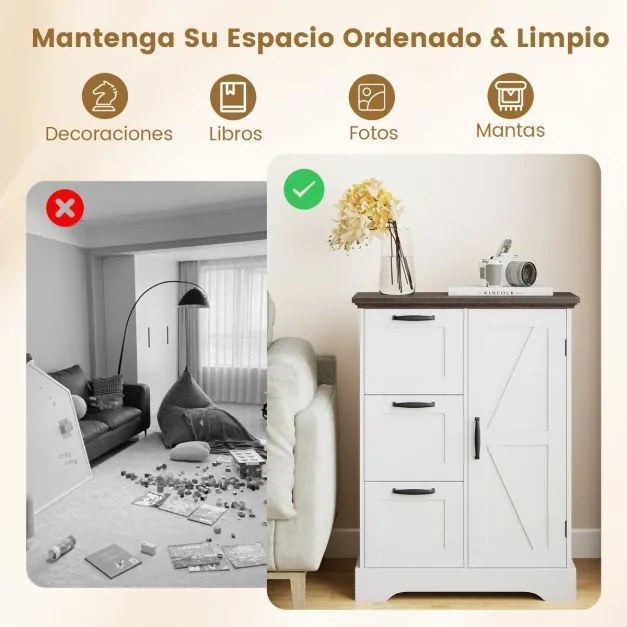 Aparador estilo rústico 60 x 30 x 80 cm com porta de celeiro e 3 gavetas de armazenamento Branco + Castanho