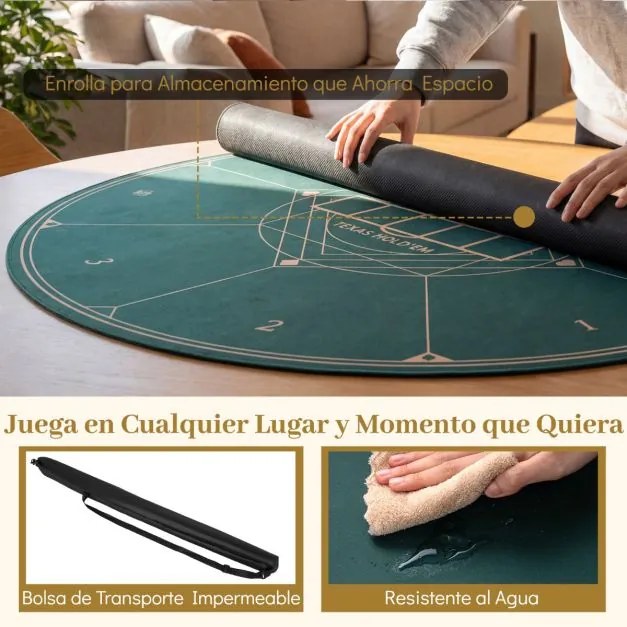 Tapete de póquer redondo 120 cm para Texas Hold'em com base em borracha antiderrapante, dobrável, com bolsa de transporte para 8 jogadores, verde