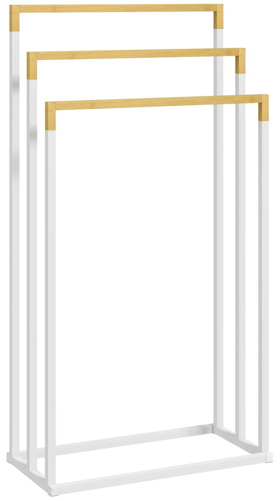 kleankin Toalheiro de Pé 45x22,5x86 cm de 3 Níveis em Forma de Escada com 3 Barras de Bambu e Estrutura de Aço Branco e Madeira | Aosom Portugal