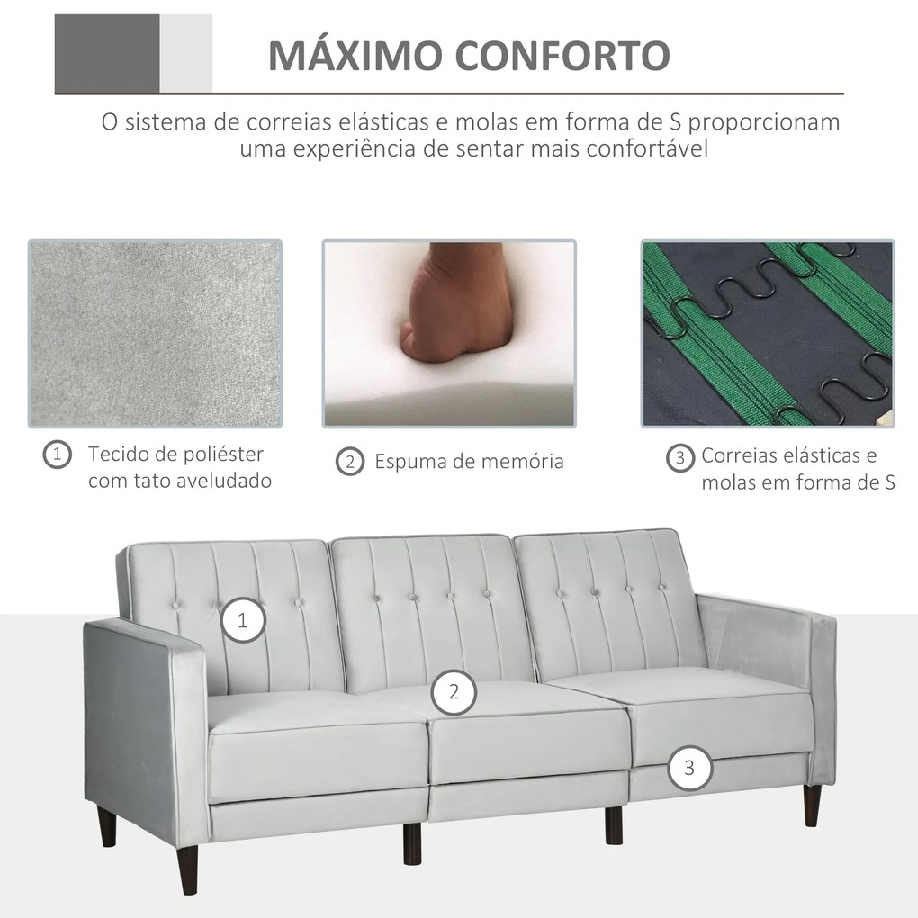 HOMCOM Sofá Cama com Chaise Longue de 3 Lugares Tato Aveludado com Encosto Ajustável e Apoio para os Pés Móvel 218x85x86cm Cinza