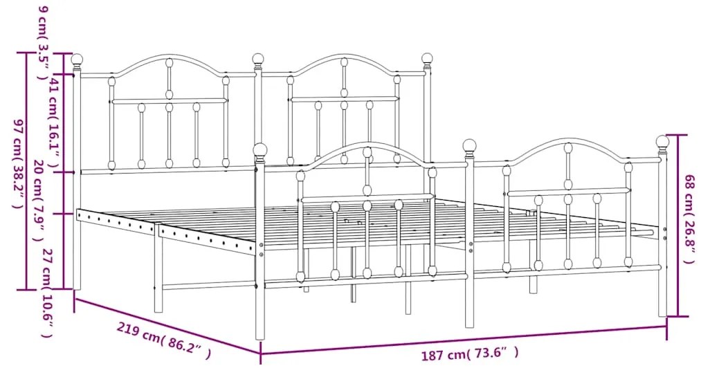 Estrutura de cama com cabeceira e pés 183x213 cm metal branco