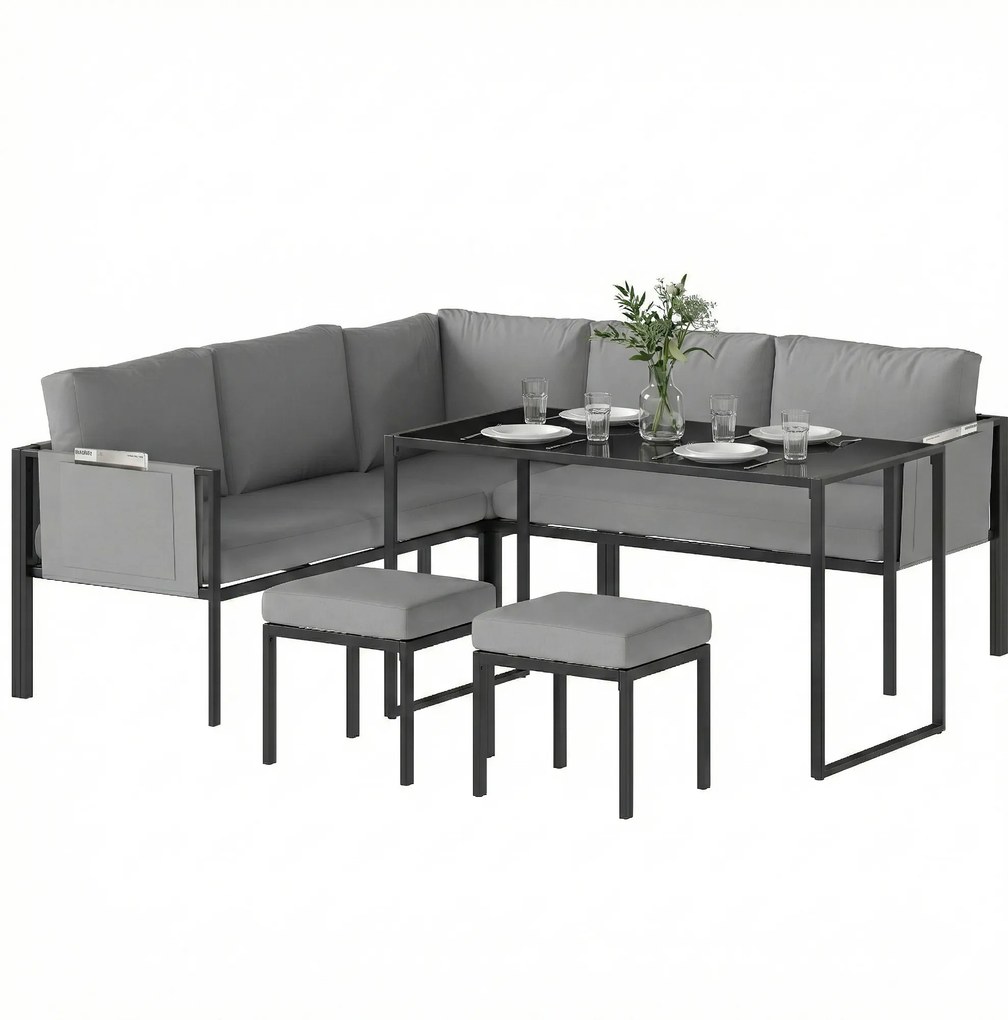 Conjunto de jardim com sofá de canto para exterior, 6 peças, almofadas de 10 cm, mesa alta e 2 apoios para os pés, cinzento