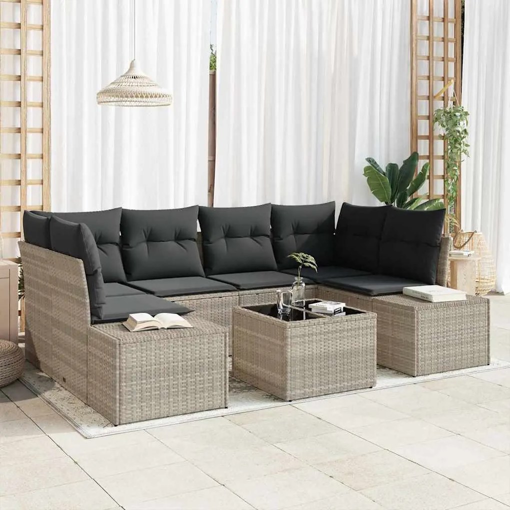Conjunto de Sofá de Jardim de 7 Peças com Almofadas Cinza Claro em Rat