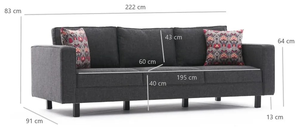 Sofá de 3 Lugares Kale – Antracite – 222 cm