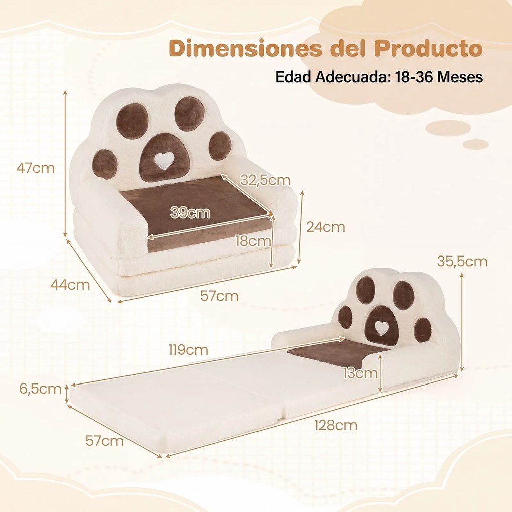 Sofá-Cama Infantil em Forma de Pata de Urso, 57 x 44 x 47 cm, Convertível em Colchoneta, Castanho