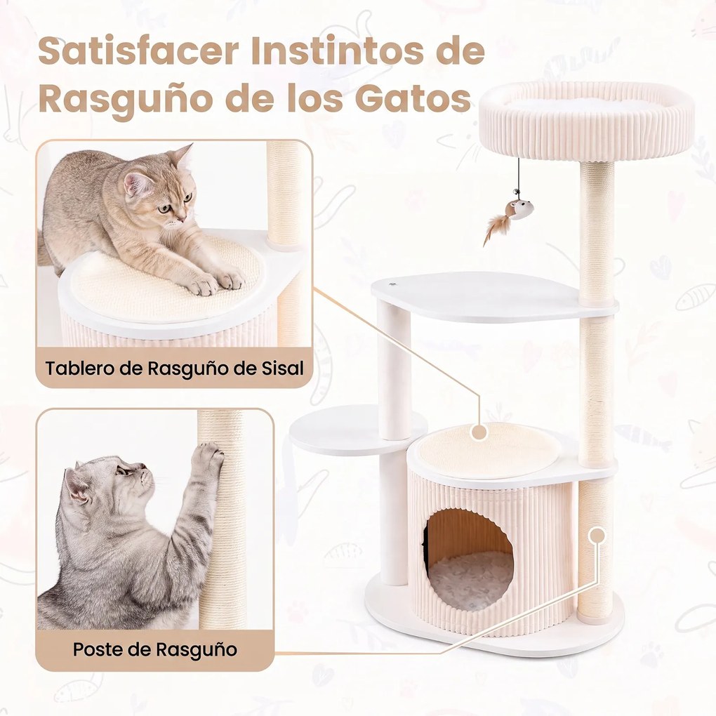Árvore de Arranhar para Gatos, 93 x 40 x 105 cm, Multinível com Postes de Sisal, Bege