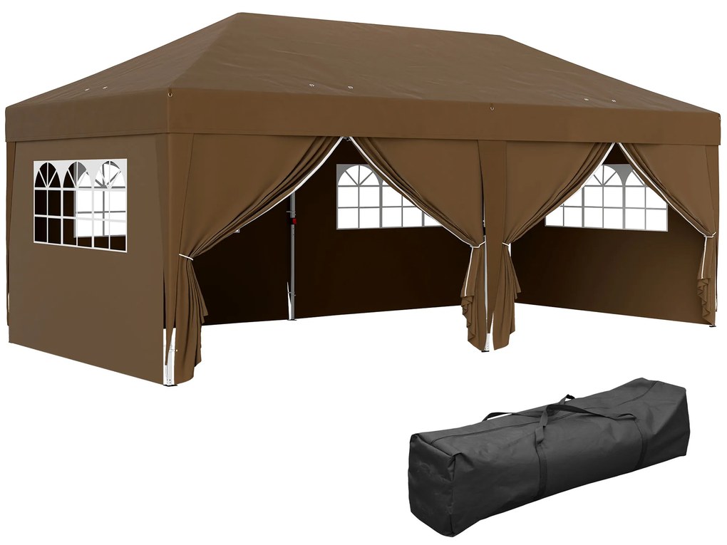 Outsunny Tenda Dobrável 5,90x2,95 m Tenda de Jardim com 6 Paredes Laterais Impermeável Anti-UV e Bolsa de Transporte Marrom