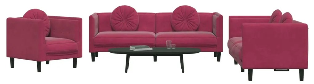 3 pcs conjunto de sofás com almofadas veludo vermelho-tinto