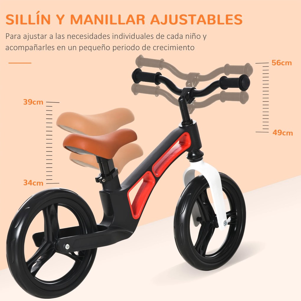 HOMCOM Bicicleta sem Pedais para Crianças de 2 a 5 anos Bicicleta de Equilibrio Infantil com Assento e Guidão Ajustáveis Rodas de Borracha 86x41x49-56cm Preto