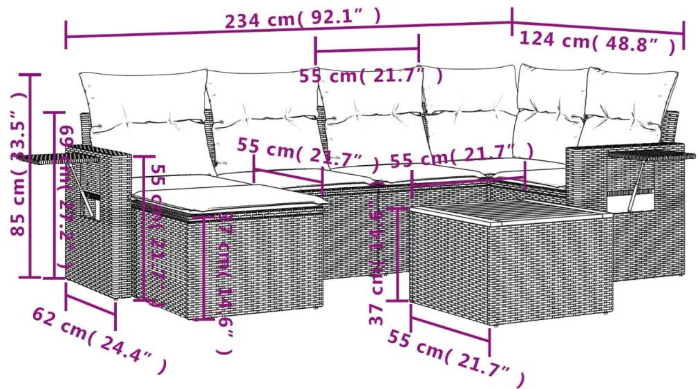 7 pcs conj. sofás jardim c/ almofadões vime PE bege misturado