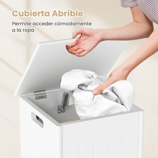 Cesto com grande capacidade para roupa suja com tampa articulada em metal, pega lateral e bolso interior 30 x 30 x 61 cm Branco