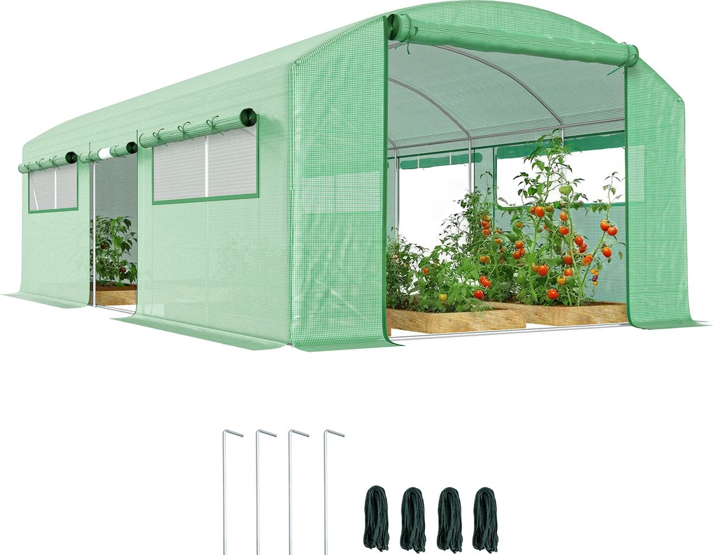 Estufa Tipo Túnel 6x3x2 m com 3 Portas Enroláveis 6 Janelas com Rede e Estrutura de Aço Galvanizado Verde