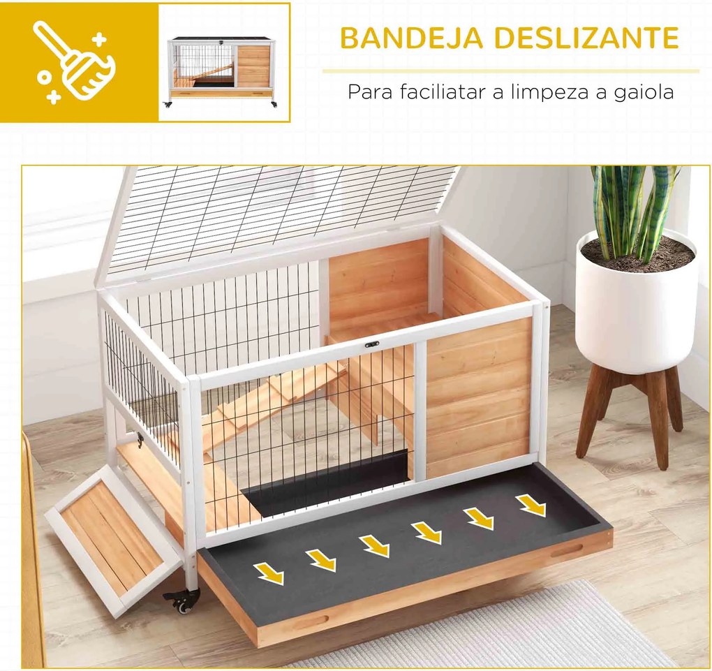 Coelheira de Madeira Gaiola de para Pequenos Animais Portátil com Teto Abatível Rampa Bandeja Amovível 90x53x59cm Madeira