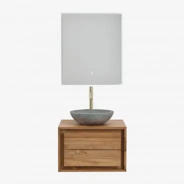 Conjunto De Móvel De Casa De Banho Suspenso Em Madeira De Teca Jabari Madeira De Teca & Cimento Cinzento Redondo Ø40 Cm Tarsis & Led - Sklum