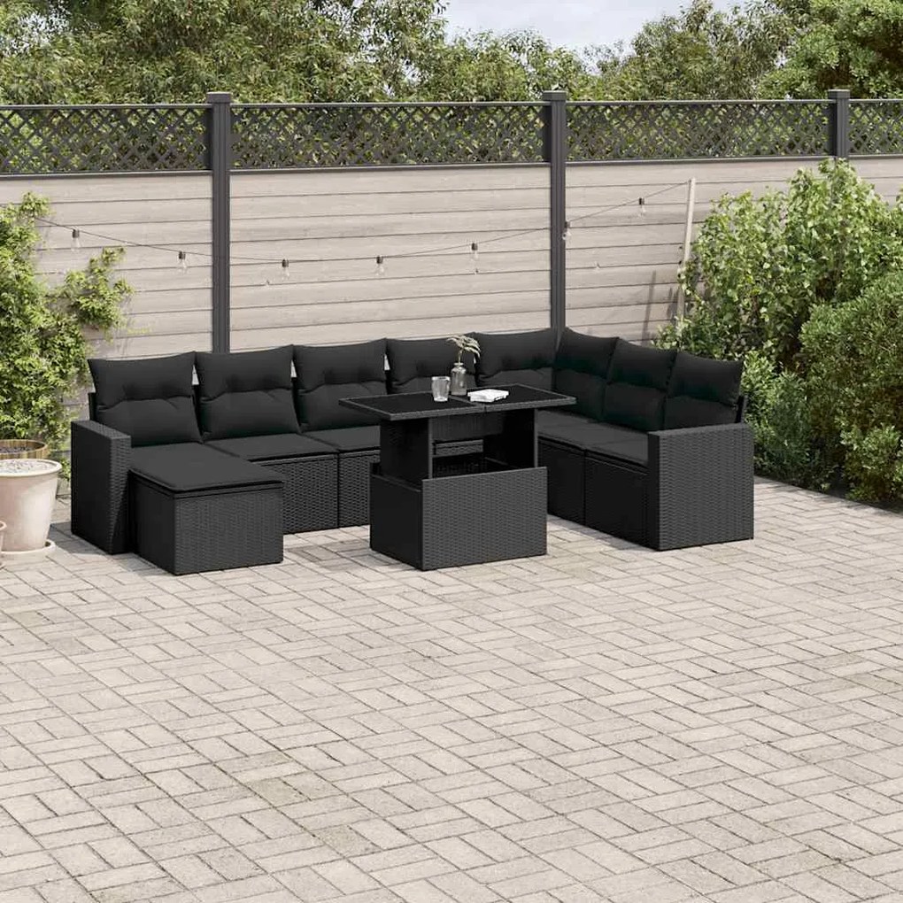 9 pcs conjunto de sofás p/ jardim c/ almofadões vime PE preto
