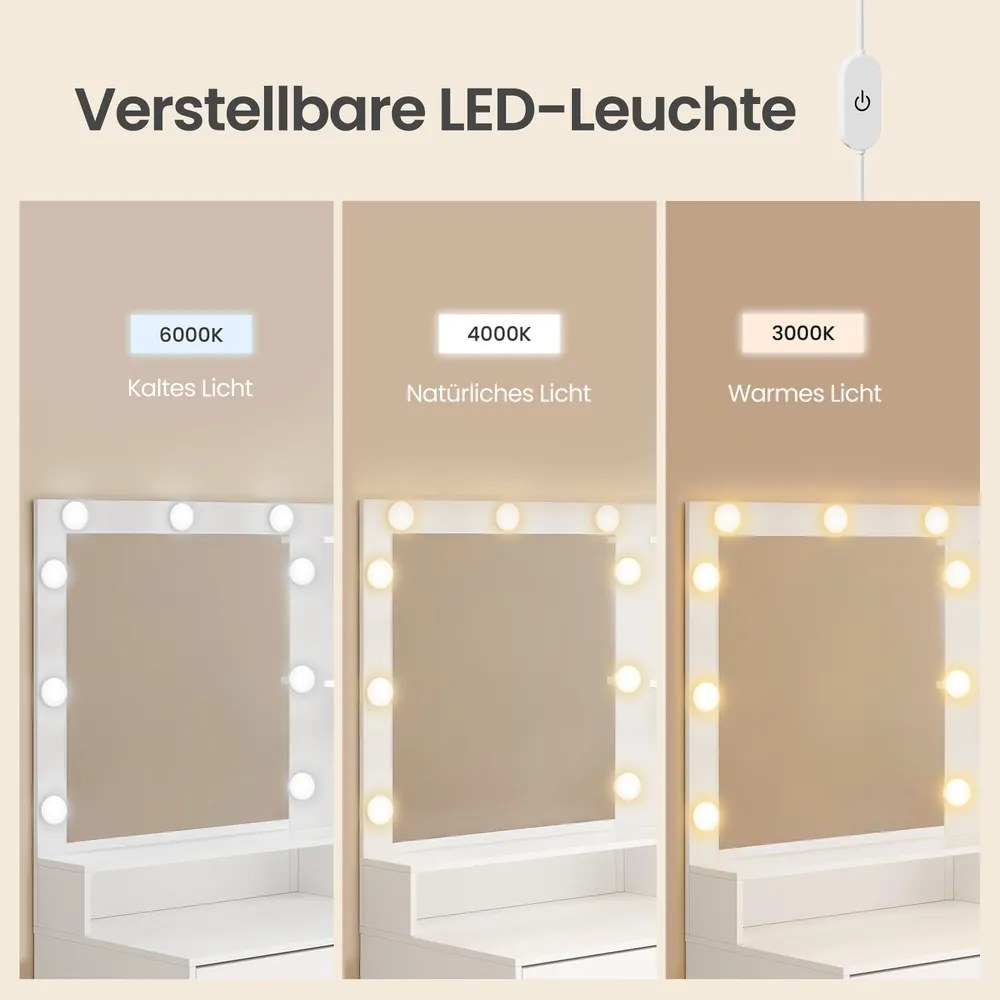 Toucador com espelho 80 x 40 x 144,3 cm, iluminação LED, tomada e 5 gavetas, branco