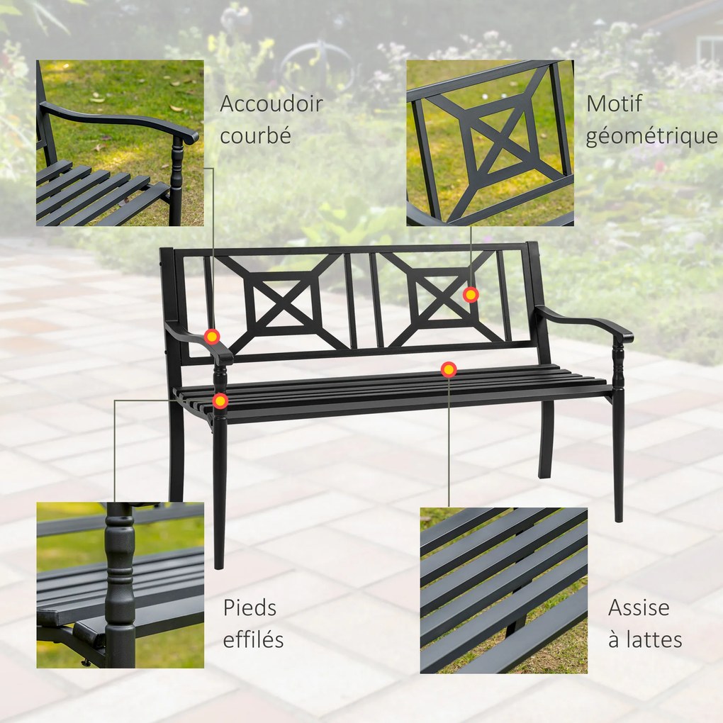 Banco de jardim de 2 lugares 128 x 62,5 x 81,5 cm, para exterior, terraço ou pátio, encosto alto, assento com ripas, braços confortáveis, aço, preto