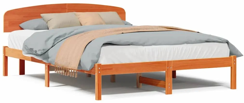 Estrado de Cama com Cabeceira Castanho Encerado 140x200 cm Madeira Sól