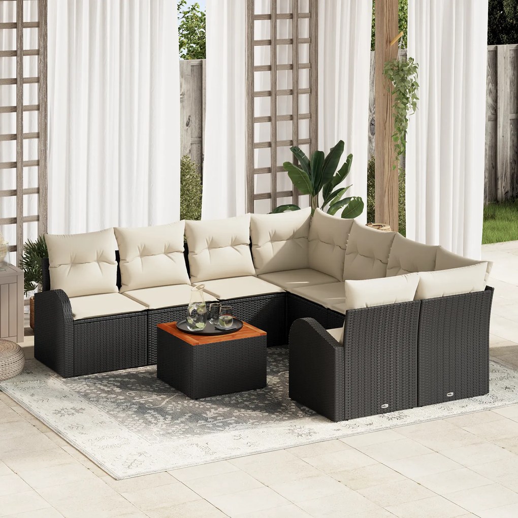 Conjunto de Sofás de Jardim vidaXL de 9 Peças com Almofadas Preto Poli