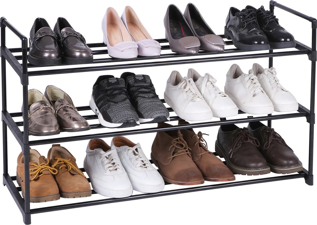 Sapateira com 3 níveis para 12-15 pares de sapatos 30 x 92 x 54 cm, metal e plástico preto