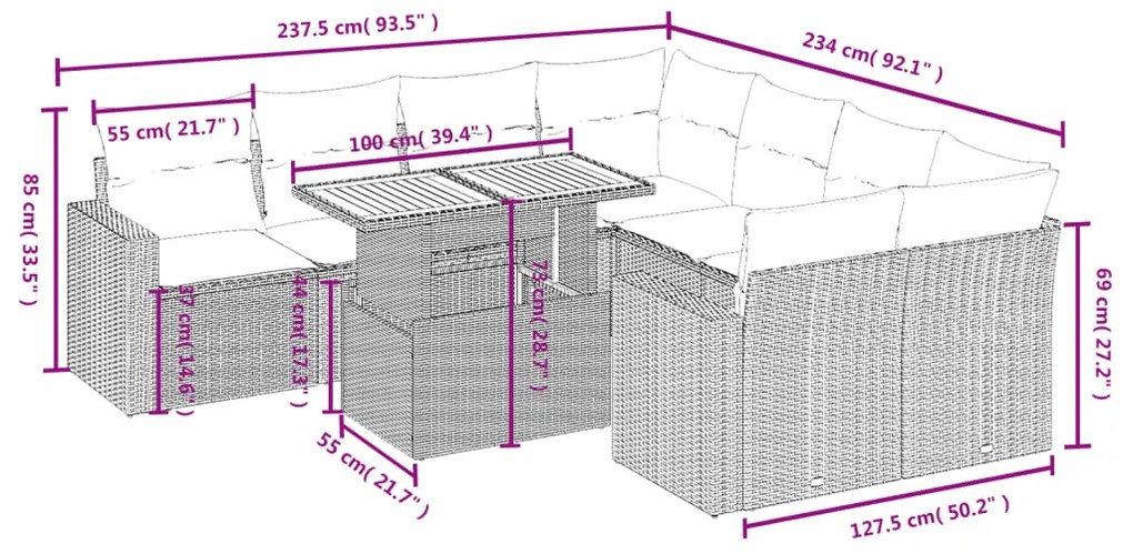 9 pcs conjunto sofás p/ jardim com almofadões vime PE cinzento