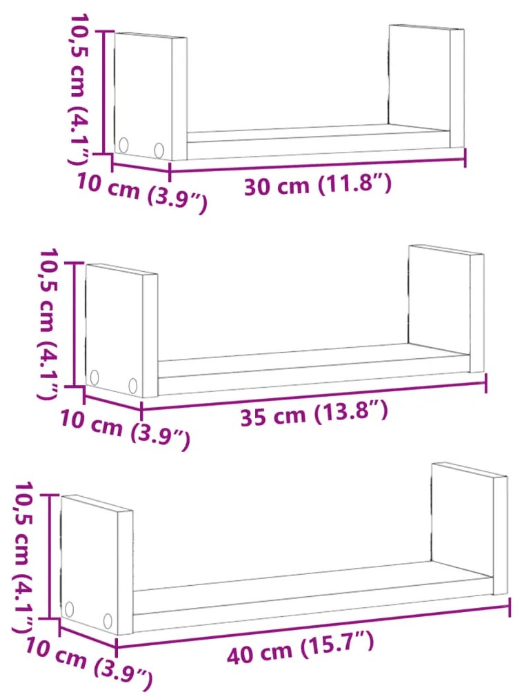 Prateleira de parede 3 pcs derivados de madeira preto