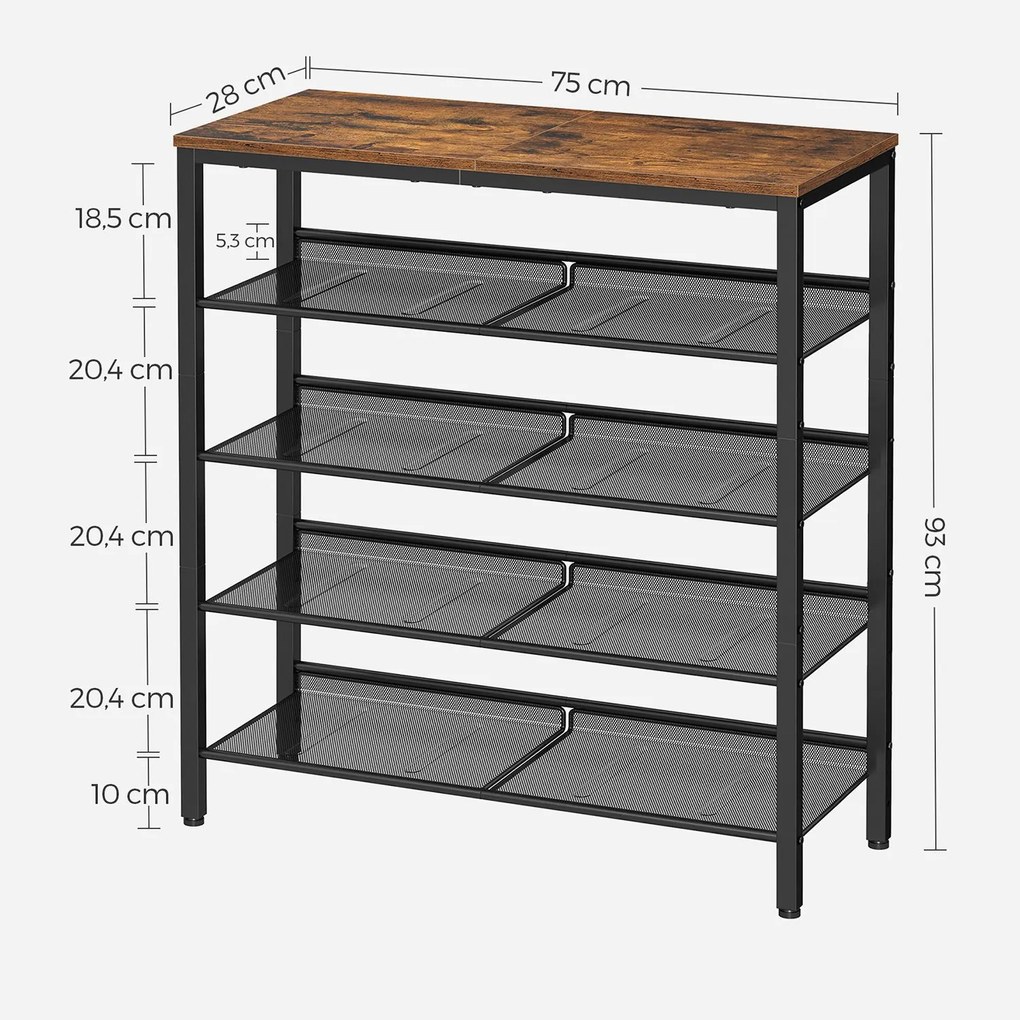 Sapateira com 5 níveis em estilo industrial 75 x 30 x 93 cm Castanho Vintage-preto