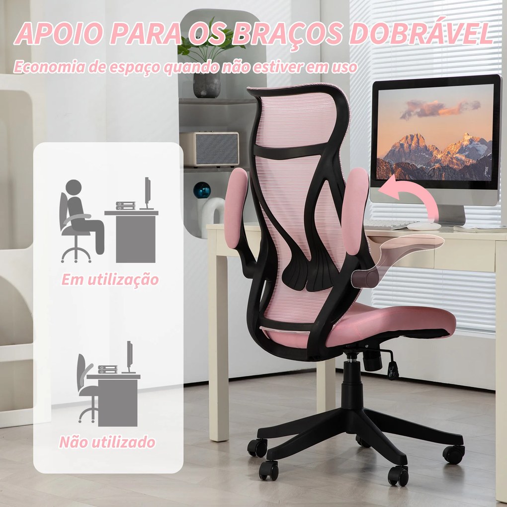 Cadeira de Escritório Giratória com Altura Ajustável Apoio para os Braços Dobráveis e Função Basculante 66x66x113-121 cm Rosa