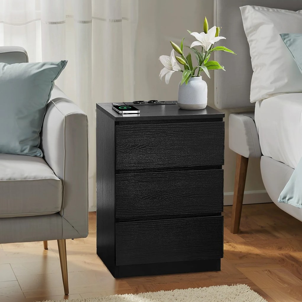 Mesa de cabeceira com 3 gavetas 35 x 40 x 59 cm preta