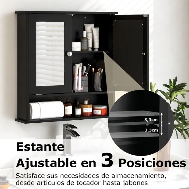 Armário de parede para casa de banho com espelho, 2 portas, prateleira ajustável e compartimento aberto 56,5 x 13,5 x 58,5 cm Preto