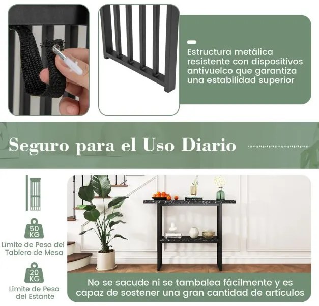 Mesa Consola de 2 Níveis Estreita em Imitação de Mármore com Estrutura em Aço 120 x 29,5 x 92,5 cm Preta