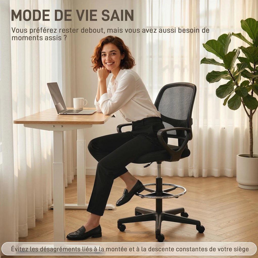 Cadeira de escritório ergonómica, cadeira de escritório com apoio para os pés e braços, altura ajustável, 59 x 58 x 103-123 cm, preta