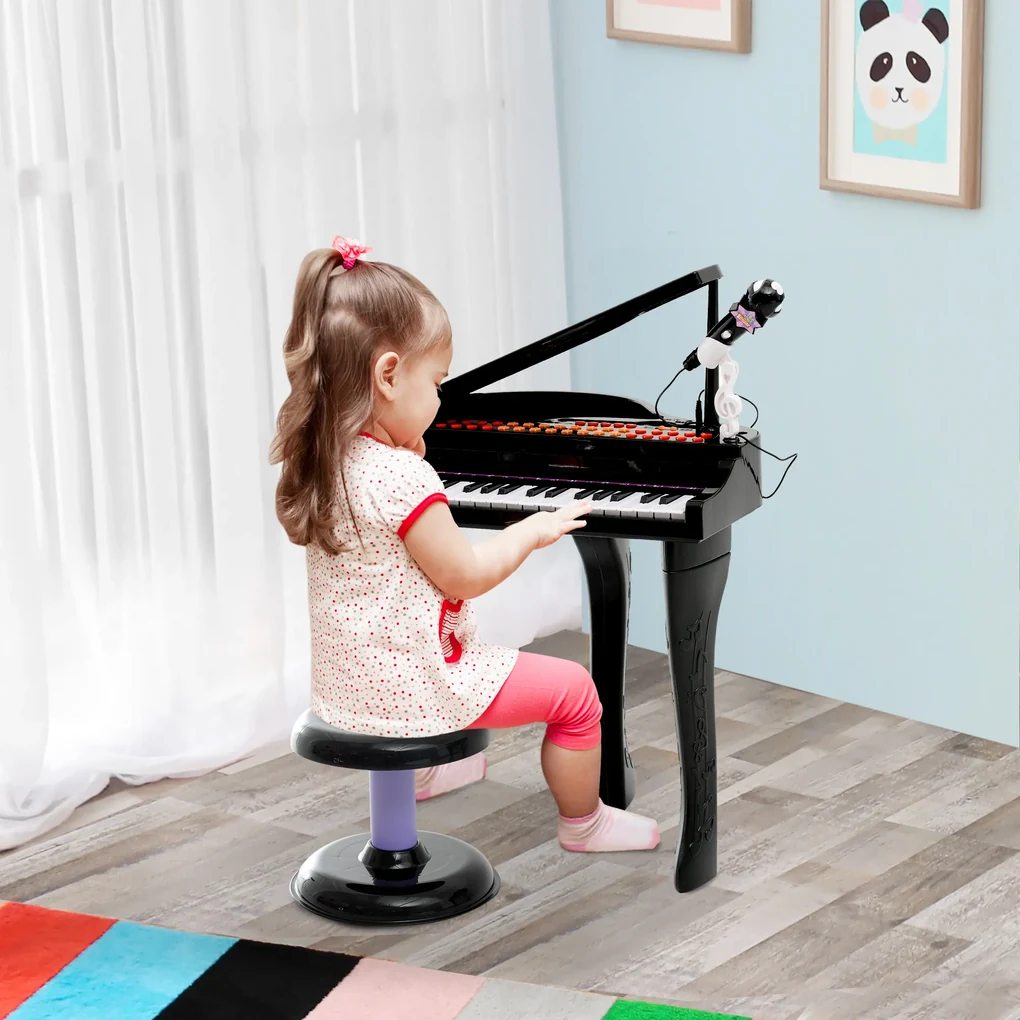 HOMCOM Piano para Crianças com 37 Teclas Piano Infantil com Microfone Banco  Luzes 22 Músicas e Entrada para MP3 e USB 48x39x69 cm Preto