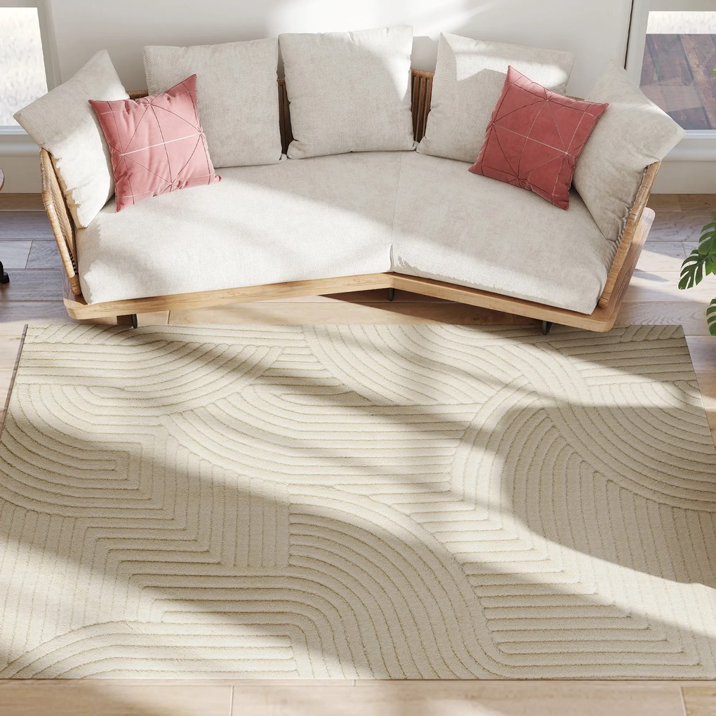 Tapete de sala 230 x 160 cm, tapete com pêlo espesso, padrão geométrico, macio e antiderrapante, cor creme