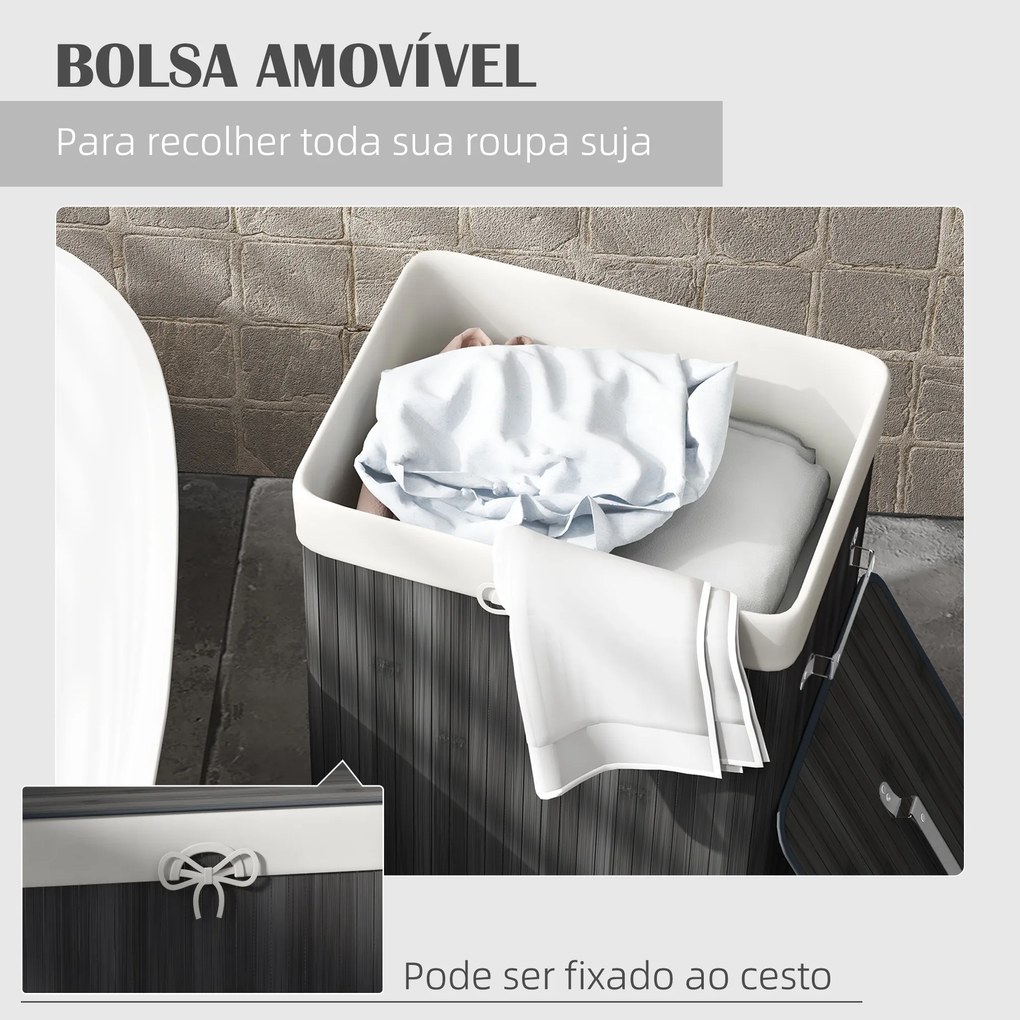 Cesto de Roupa de Bambu Dobrável Cesto para Roupa Suja com Tampa e Bolsa Amovível 40x30x60 cm Cinza Escuro