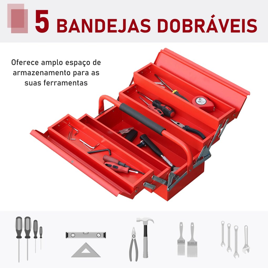 DURHAND Caixa de ferramentas dobrável de aço com 5 compartimentos com alça 45x22,5x34,5 cm Vermelho