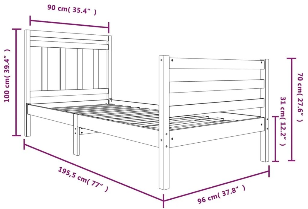 Estrutura de cama solteiro 90x190 cm madeira maciça branco