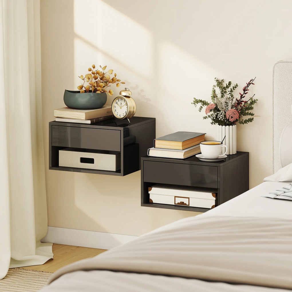 Conjunto de 2 Mesas de Cabeceira de Parede Mesas de Cabeceira Gaveta Compartimento Aberto Tampo 37x32x21 cm Preto