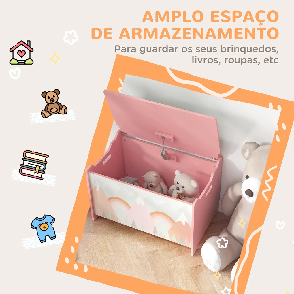 Baú de Brinquedos Organizador de Brinquedos para Crianças de 3 a 8 Anos com Estampado em Animaos 60x37x39 cm Rosa