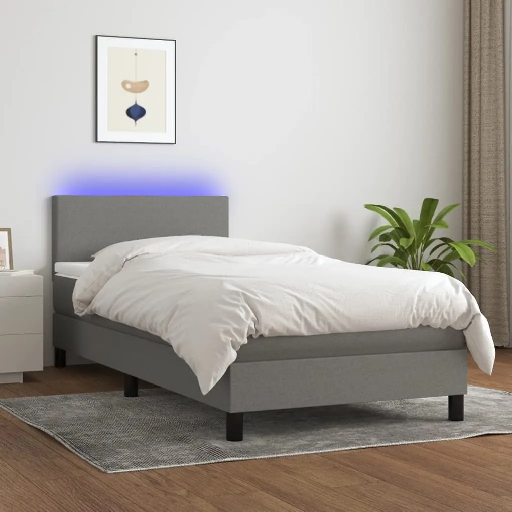 3132958 vidaXL Cama box spring c/ colchão e LED 90x190 cm tecido cinza-escuro