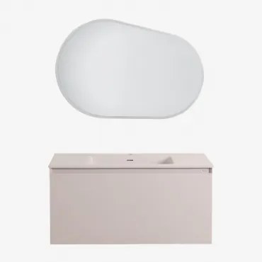 Conjunto De Móvel De Casa De Banho Suspenso Em Madeira Com Lavatório Integrado Macrae Crema Linho & Oval Led E Anti-embaciamento 100x80 Cm Riben & Sem