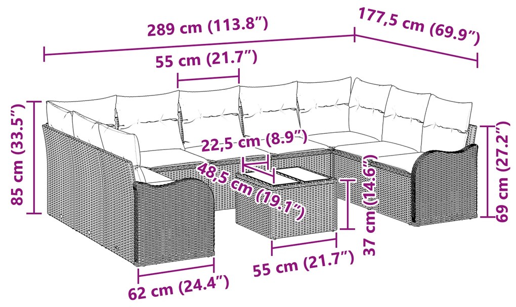 Conjunto de Sofá de Jardim vidaXL de 10 Peças com Almofadas Cinza Ratt