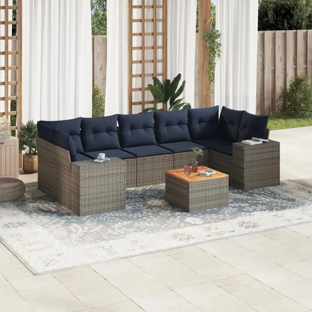 vidaXL 8 pcs conjunto sofás p/ jardim c/ almofadões vime PE cinzento
