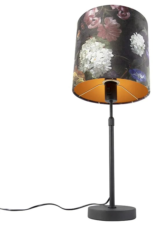 Candeeiro de mesa preto com abajur de veludo flores com dourado 25 cm - Parte Clássico / Antigo