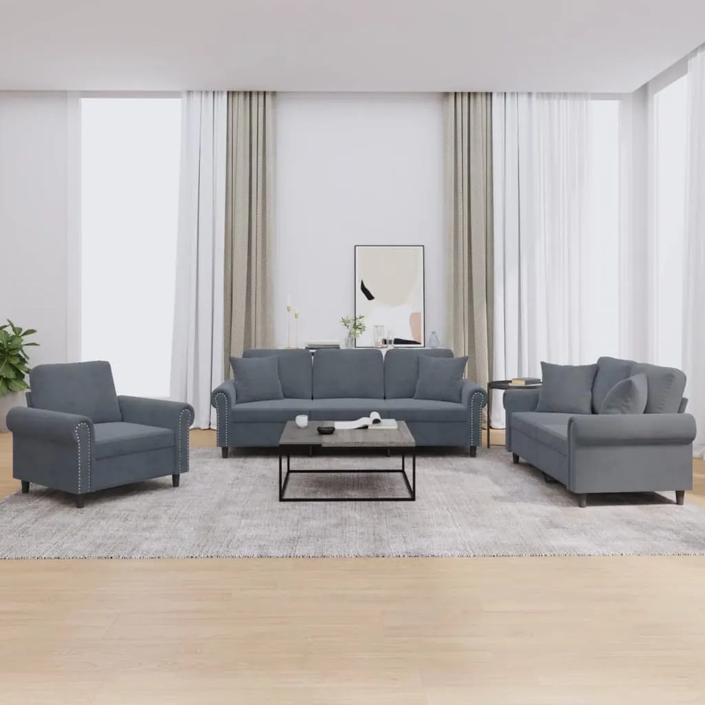 vidaXL 3 pcs conjunto de sofás com almofadas veludo cinzento-escuro