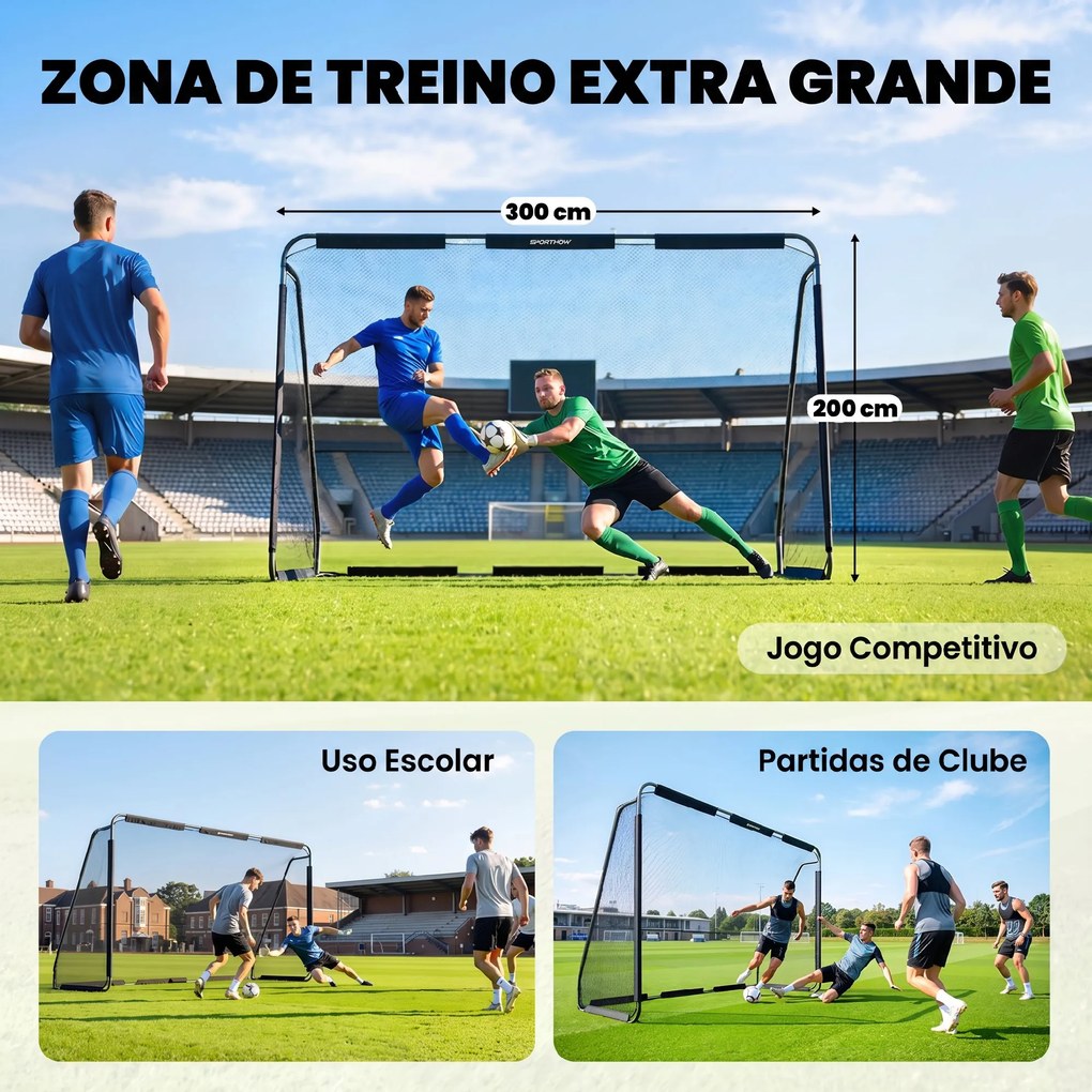 Baliza de Futebol para Jardim 300x120x200 cm com Rede Resistente, Estrutura Metálica e Estacas, Preto
