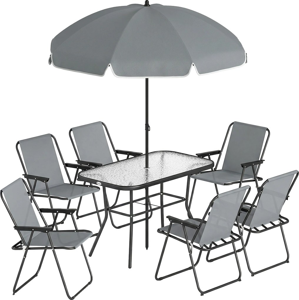 Conjunto de Mesa e Cadeiras de Jardim de 8 Peças com Chapéu de Sol 6 Cadeiras Dobráveis e Mesa de Vidro Cinza