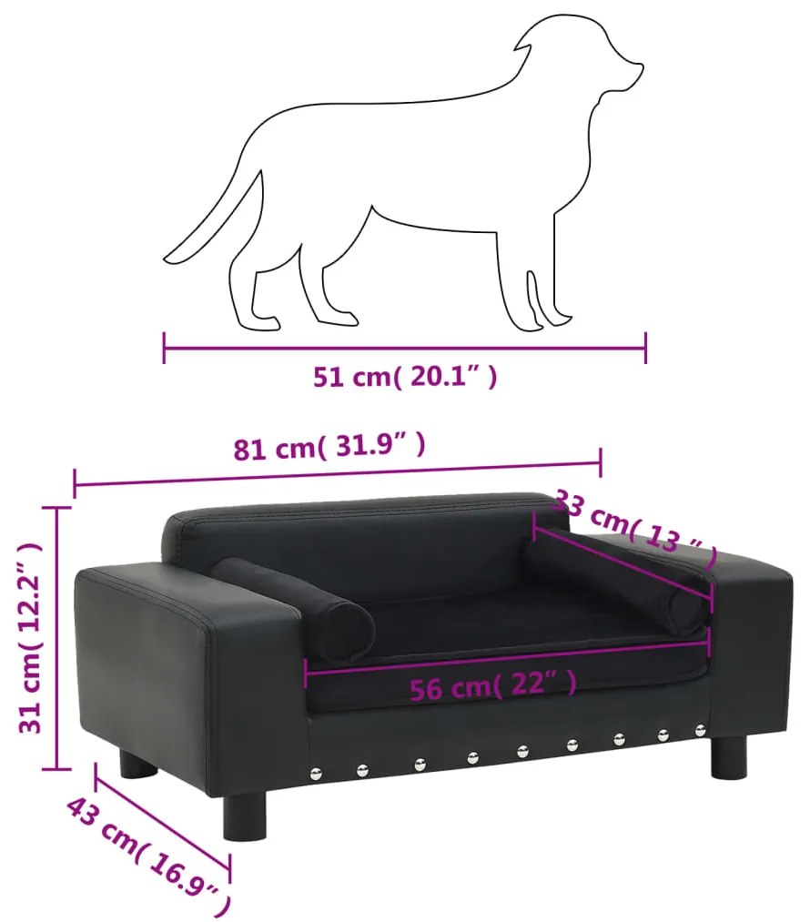 Sofá para cães 81x43x31 cm pelúcia e couro artificial preto