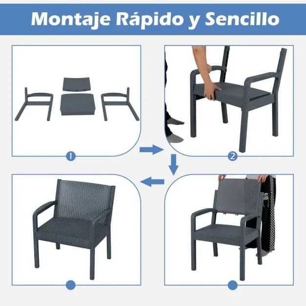 Conjunto de móveis de jardim de 3 peças com 2 cadeiras de rattan e mesa auxiliar de rattan PP Cinzento